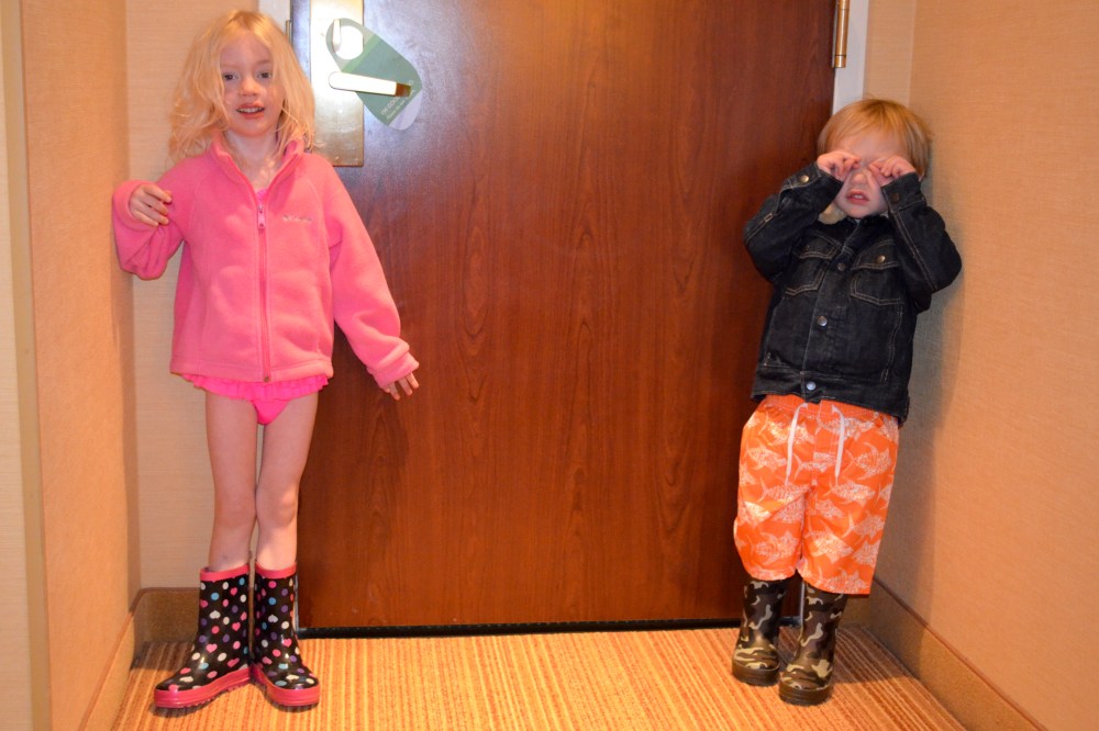 Oh my goodness!  There is an indoor heated pool in our hotel!  Another first!  Bathing suits, jackets and boots for the stroll through the lobby and then... CANNONBALL!